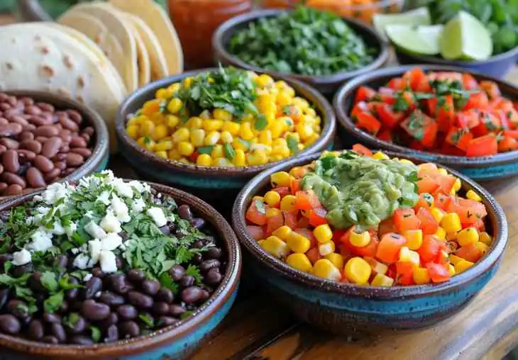 Ingredients for Mexican side dishes for tacos including corn, black beans, tomatoes, cilantro, guacamole, tortillas, and fresh lime wedges arranged in small bowls.