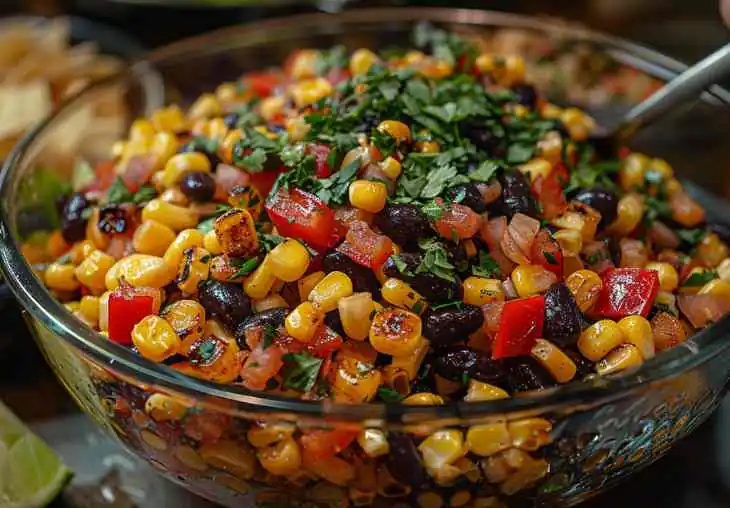 Mixing roasted corn, black beans, peppers, and cilantro in a glass bowl to make a fresh Mexican side dish for tacos.