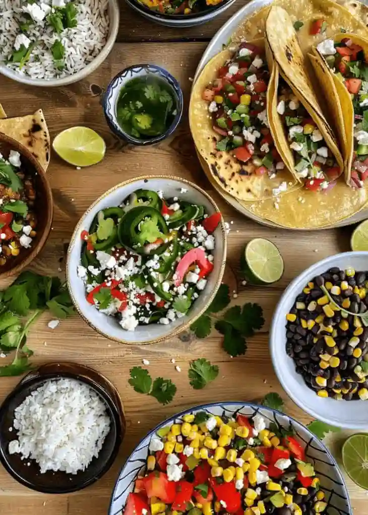 Overhead photo of Mexican side dish ingredients including corn, black beans, peppers, rice, tortillas, jalapeños, lime, and cilantro for nutrition reference.