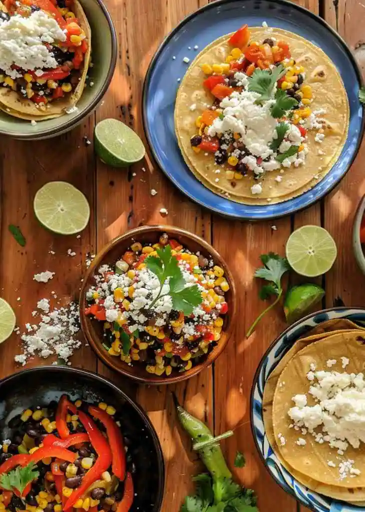 Overhead photo of Mexican side dishes for tacos including corn, black beans, peppers, tortillas, queso fresco, and lime wedges on a wooden table.