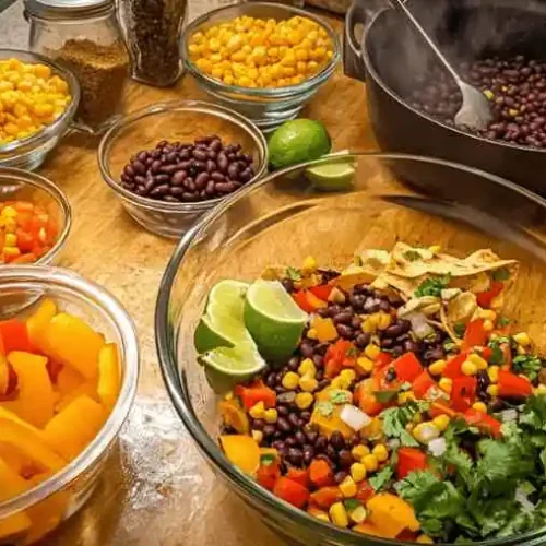 Overhead view of Mexican side dish ingredients including corn, black beans, peppers, cilantro, and lime being prepared in bowls and a cooking pot.