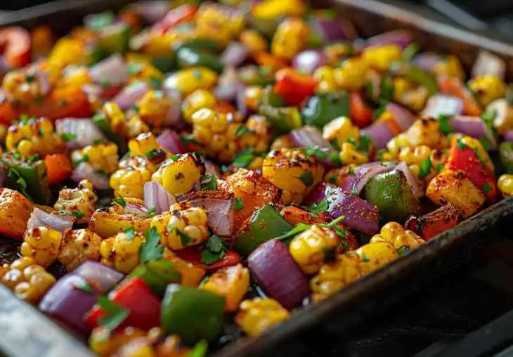 Roasted Mexican vegetables including bell peppers, corn, and red onions seasoned with chili powder on a baking sheet.