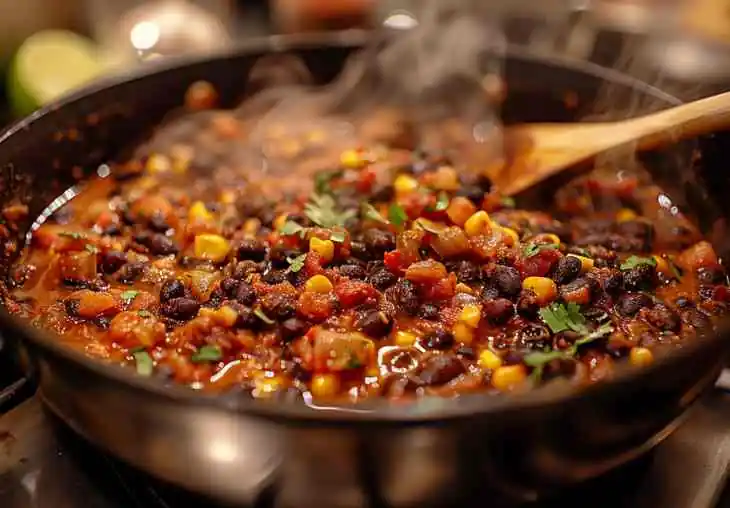 Seasoned Mexican black beans with corn, tomatoes, and spices simmering in a skillet for taco side dishes.