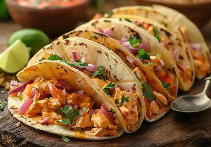 Soft tacos filled with chicken, onions, and cilantro served on a wooden board alongside Mexican side dishes.