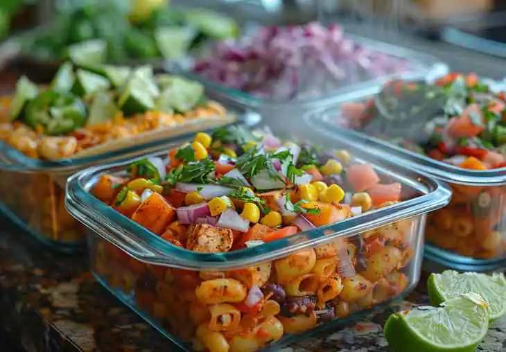 Mexican side dishes for tacos stored in glass meal prep containers with corn, beans, peppers, and lime wedges.