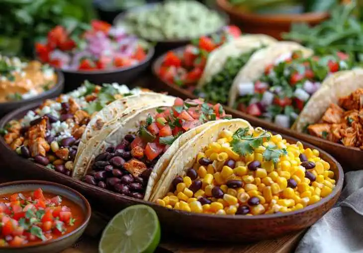 Taco serving platter with corn, black beans, salsa, chicken, and fresh toppings showing variations and serving ideas for Mexican side dishes.