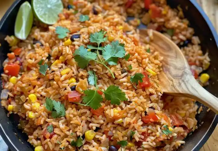 A close-up bowl of homemade Mexican rice with tomatoes, corn, black beans, cilantro, and lime, a popular Mexican side dish served warm in a skillet.