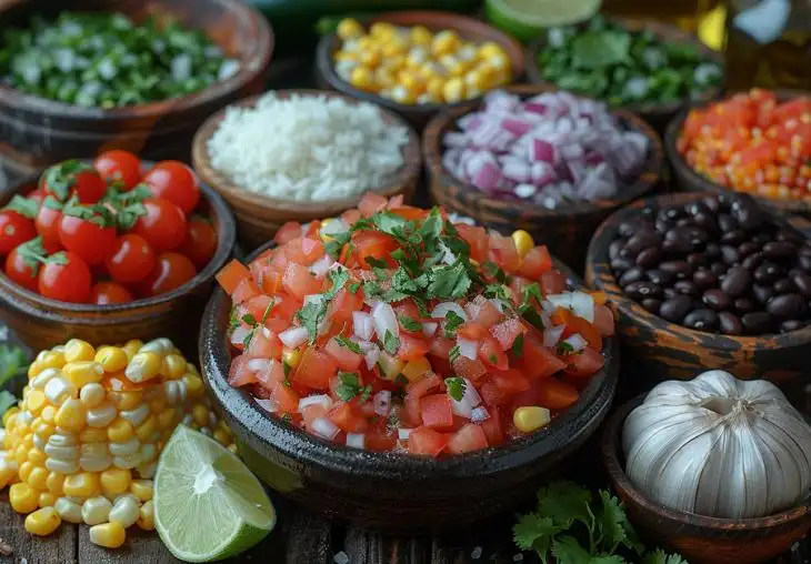 Flat lay of Mexican side dishes ingredients including diced tomatoes, onions, cilantro, black beans, corn, cherry tomatoes, rice, lime, and garlic.