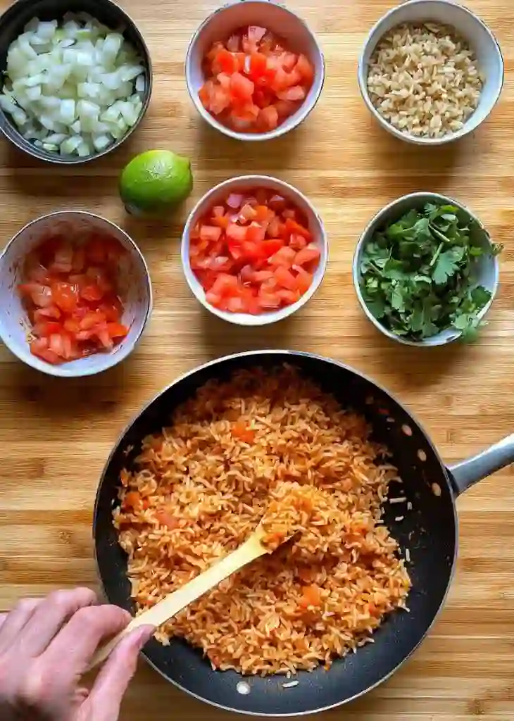 Overhead shot of Mexican side dishes ingredients including tomatoes, onions, cilantro, lime, and a pan of seasoned Mexican rice being stirred.