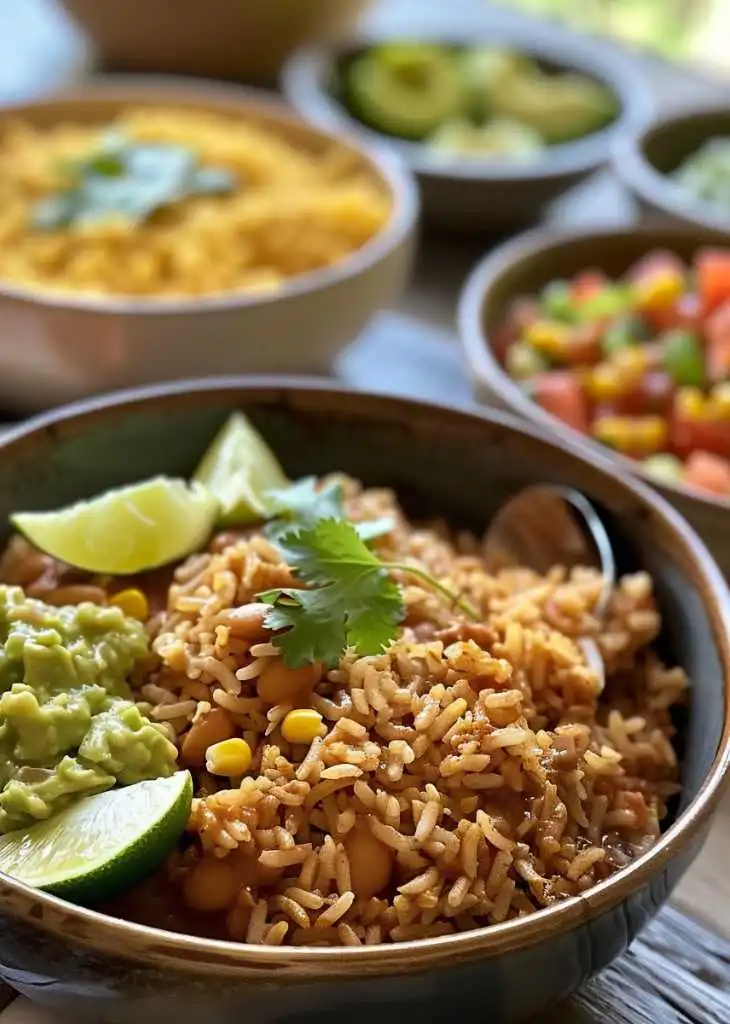 Mexican rice bowl with guacamole, lime wedges, and cilantro, surrounded by different Mexican side dishes showing variations and serving ideas.