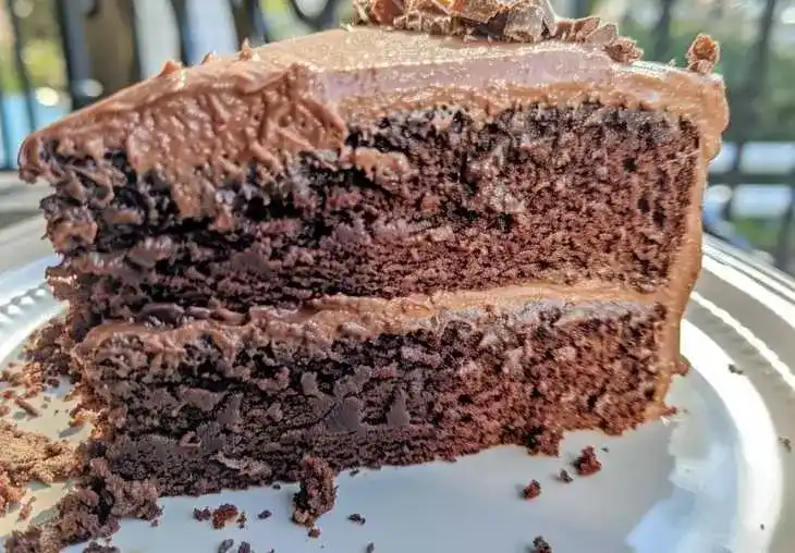 Moist triple chocolate cake slice showing rich layers of chocolate sponge and creamy frosting on a plate.