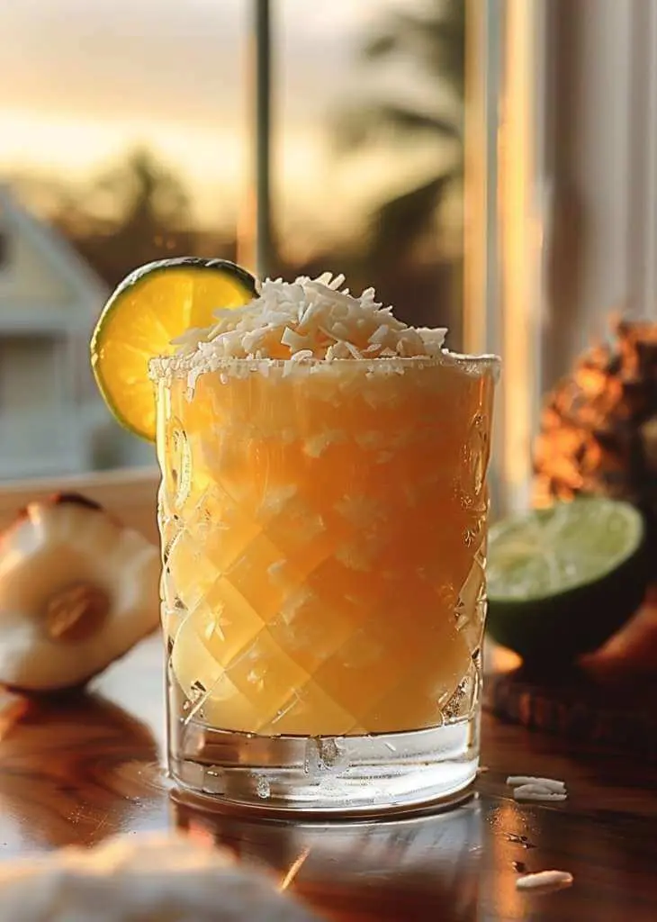 Tropical sunset coconut lime drink in a glass topped with shredded coconut and lime slice, captured in warm evening light.