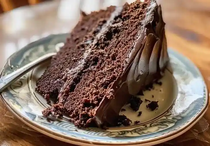 Moist triple chocolate cake slice on a plate with creamy chocolate frosting and natural daylight, perfect for homemade dessert inspiration.