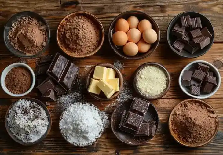 Flat lay of ingredients for triple chocolate cake with cocoa powder, chocolate bars, eggs, butter, sugar, and flour arranged on a wooden surface.