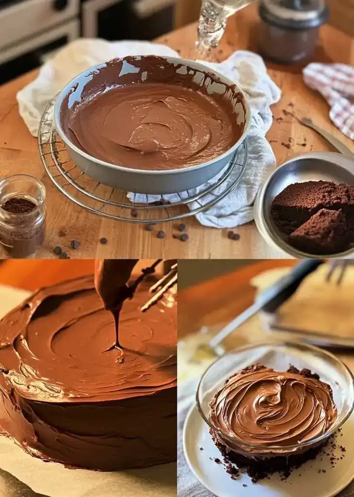 Triple chocolate cake preparation showing frosting and layers with chocolate spread, used to illustrate nutrition and calorie section with disclaimer.