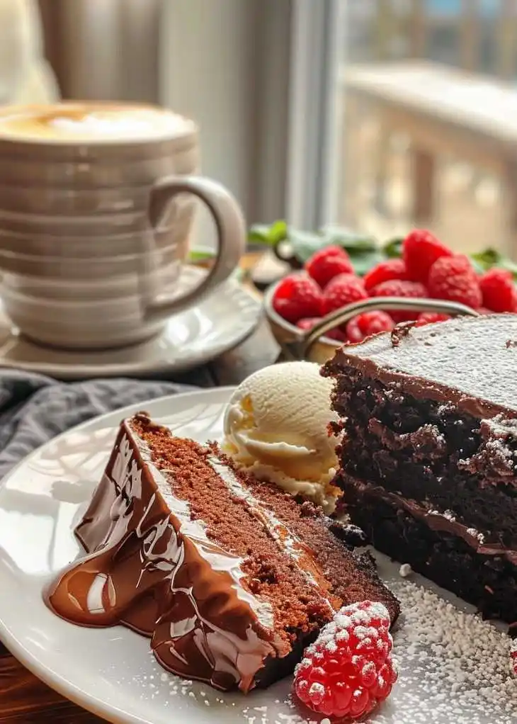 Slice of triple chocolate cake with melted chocolate drizzle, vanilla ice cream scoop, and fresh raspberries served beside a coffee cup.