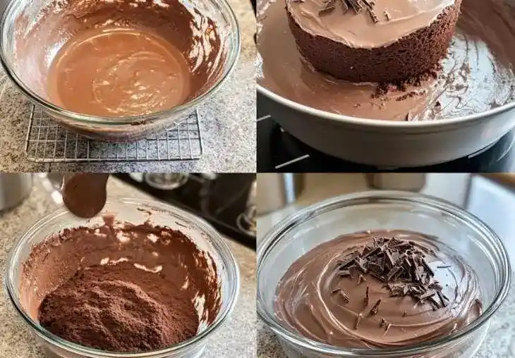 Step-by-step process of making triple chocolate cake with cocoa batter, baked sponge, and chocolate frosting topped with shavings.