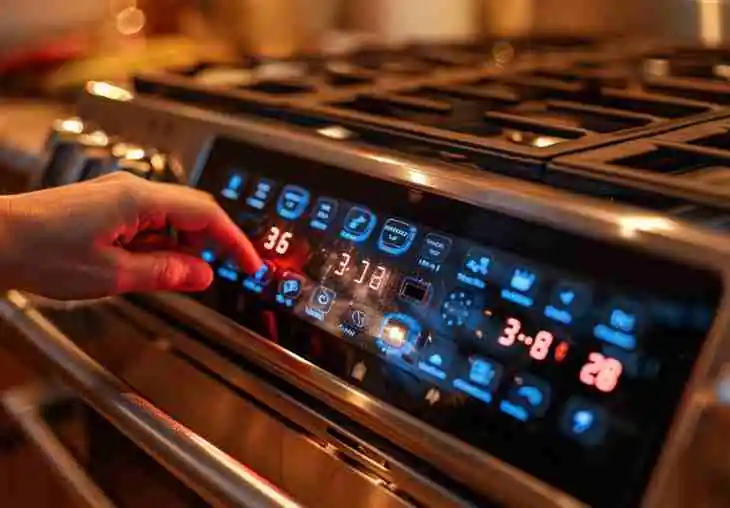 Hand adjusting oven temperature to 375°F before baking triple chocolate cake, showing home kitchen setup and warm lighting.