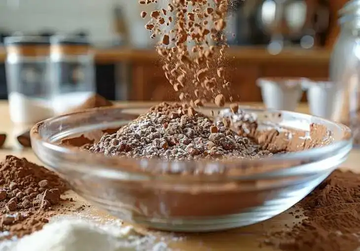 Step 2 – mixing dry ingredients for triple chocolate cake with cocoa powder, flour, and sugar being whisked in a glass bowl.