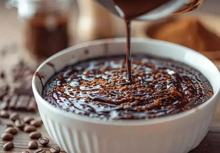 Step 4 – hot coffee being poured into chocolate cake batter in a white bowl to enhance flavor and create a moist texture.