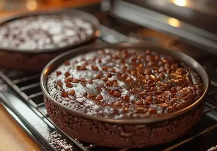 Step 5 – freshly baked chocolate cake layers with melted chocolate chips cooling on a rack straight from the oven.