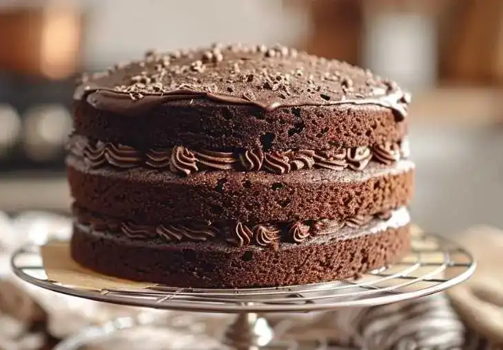 Step 6 – triple chocolate cake layers cooling on a wire rack before frosting in a home kitchen with soft natural light.