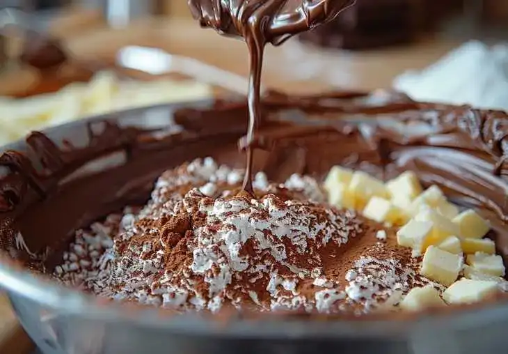 Step 7 – mixing butter, cocoa powder, and powdered sugar to make chocolate frosting for triple chocolate cake in a metal bowl.