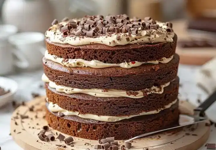 Step 8 – assembling triple chocolate cake with layers of frosting and topping with chocolate curls on a wooden board.