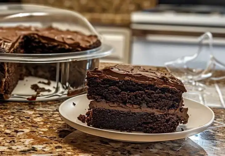Slice of triple chocolate cake on a plate with full cake under plastic cover on kitchen counter, showing homemade storage for leftovers.
