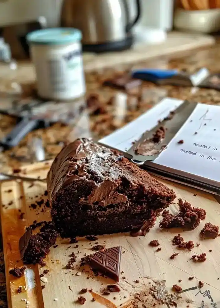 Partially sliced triple chocolate cake on a wooden board with crumbs, chocolate pieces, and baking tools in a home kitchen background — representing tested notes.