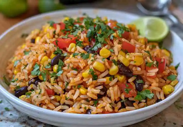Bowl of Mexican rice with corn, black beans, tomatoes, and cilantro illustrating what Mexican side dishes look like.