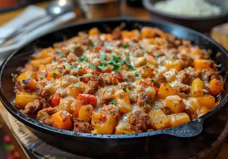 Ground turkey cooking in a skillet with vegetables, showing the texture and appearance of raw and cooked ground turkey.
