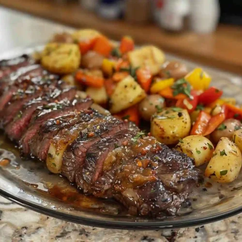 Best Beef Steak Side Dishes 5 Sliced beef steak served with roasted potatoes, carrots, and peppers, showcasing the best side dishes for steak dinners.