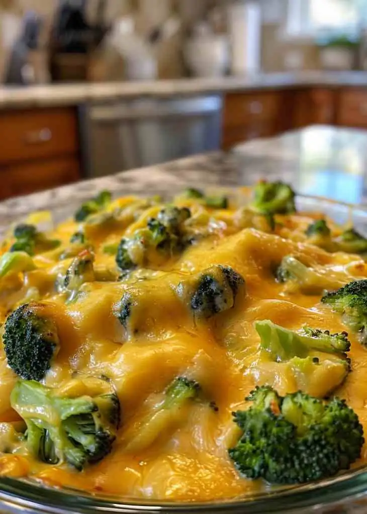 Broccoli Cheese Casserole Recipe (Easy & Cheesy Comfort Dish) 3 Broccoli cheese casserole with tender broccoli baked in creamy melted cheddar sauce in a glass dish.