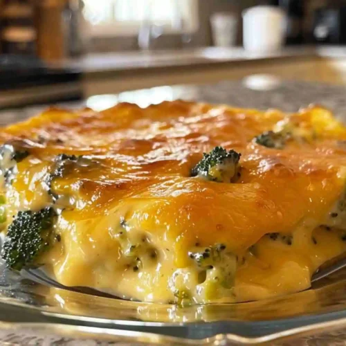 Broccoli Cheese Casserole Recipe (Easy & Cheesy Comfort Dish) 4 Broccoli cheese casserole serving slice with tender broccoli and creamy melted cheddar cheese on a glass plate.