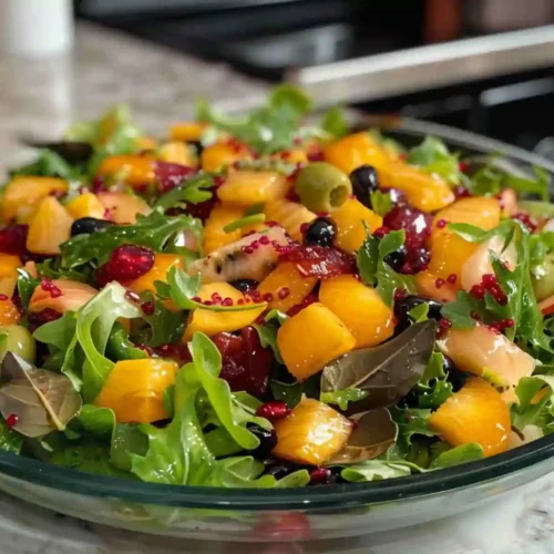 Simple Christmas Salad Recipe 4 Fresh Christmas salad with mixed greens, winter fruits, pomegranate seeds, and holiday colors in a clear serving bowl – festive Christmas salad recipe.
