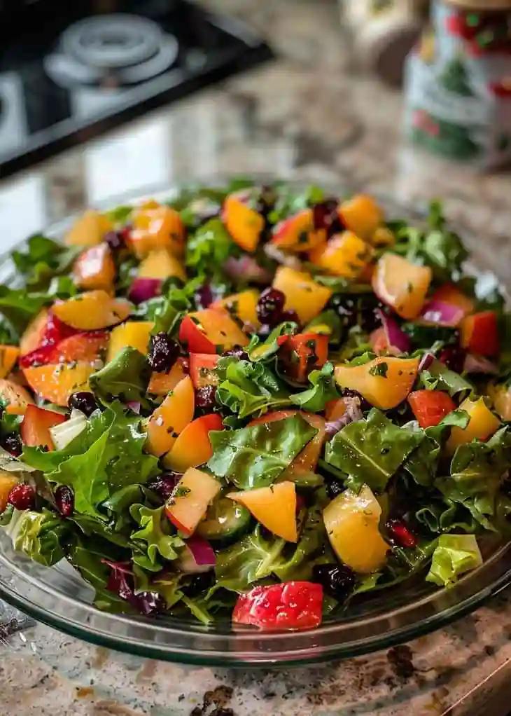 Simple Christmas Salad Recipe 3 Fresh Christmas salad with mixed greens, apples, peaches, cranberries, and a light holiday dressing.