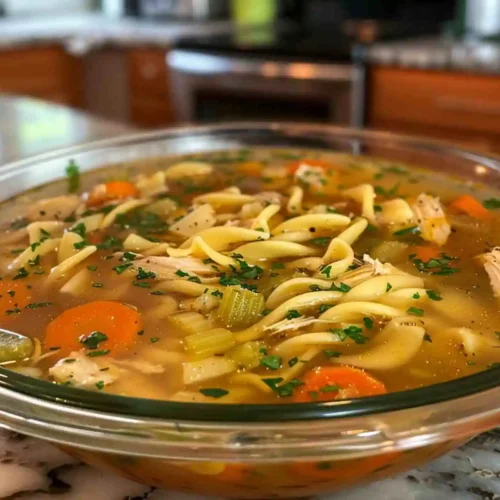 Easy Crockpot Chicken Noodle Soup 4 Comforting crockpot chicken noodle soup with tender chicken, egg noodles, carrots, and celery in a clear bowl — easy slow cooker chicken noodle soup recipe card image.