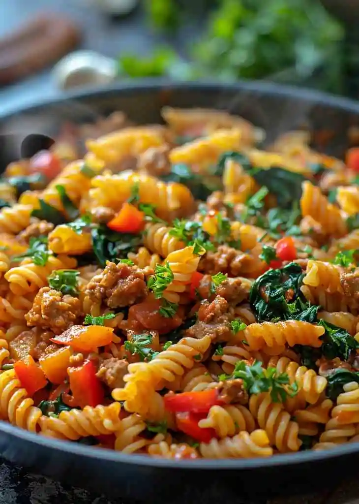 Ground turkey pasta recipes featuring rotini pasta cooked with lean turkey, tomatoes, peppers, spinach, and fresh herbs in a skillet.