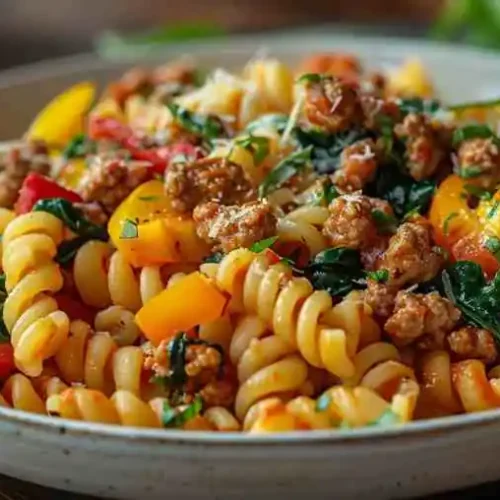Hearty ground turkey pasta recipes with rotini pasta, sautéed bell peppers, tomato sauce, and tender turkey pieces served in a warm homemade skillet dish.