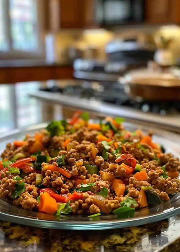 Easy Healthy Ground Chicken Recipes for Quick Meals 3 Healthy ground chicken stir fry with zucchini, bell peppers, carrots, and fresh herbs served on a clear plate — nutritious high-protein ground chicken recipe.