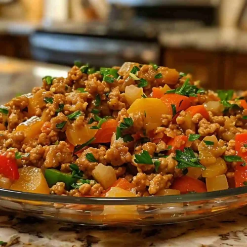 Easy Healthy Ground Chicken Recipes for Quick Meals 4 Healthy Ground Chicken Recipes with sautéed ground chicken, bell peppers, onions, peas, and fresh herbs served on a clear plate.