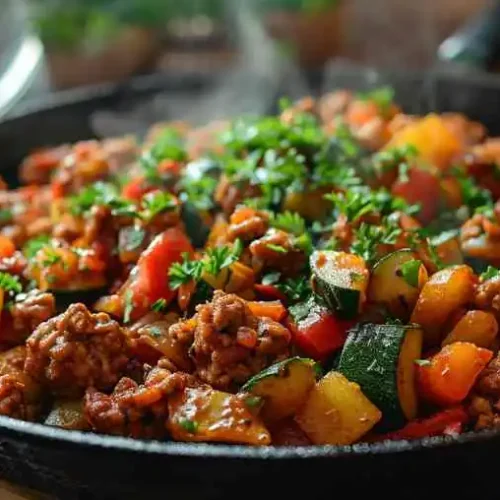 Healthy ground turkey recipes cooked in a skillet with zucchini, peppers, onions, and fresh herbs for a colorful, nutritious meal.