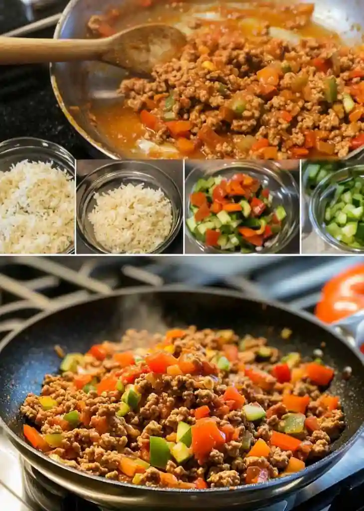 Step-by-step collage for healthy ground turkey recipes showing cooked turkey with peppers, steamed rice, and chopped vegetables in bowls.