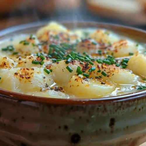Potato Soup Recipe That Feels Like Home (Creamy & Easy) 4 Creamy homemade potato soup topped with toasted potatoes and fresh chives, served warm in a rustic bowl.