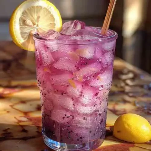 The Ultimate Transfusion Drink Recipe 4 A vibrant purple transfusion drink made with grape juice, ginger ale, and lemon served over ice in a tall glass.