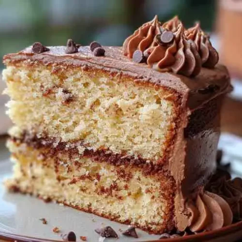 The Best Vanilla Cake with Chocolate Frosting 4 A moist vanilla cake slice layered with chocolate frosting and topped with chocolate chips, perfect for a homemade dessert.