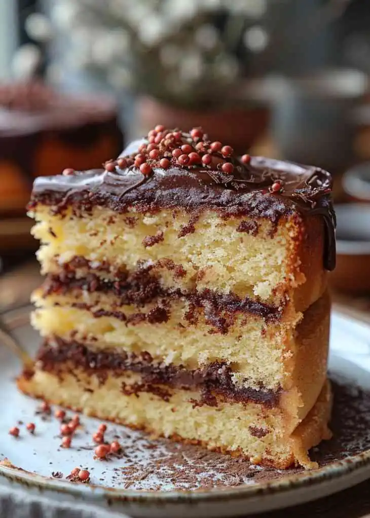 The Best Vanilla Cake with Chocolate Frosting 3 vanilla cake with chocolate frosting layered moist slice.webp