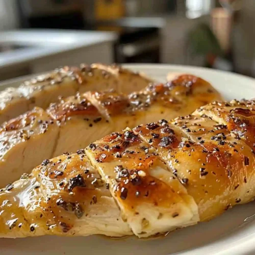 Air Fryer Frozen Chicken Breast 5 air fryer frozen chicken breast sliced on a white plate, juicy and golden with black pepper seasoning.