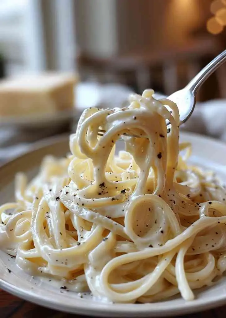 Alfredo Sauce with Cream Cheese 3 Fettuccine pasta coated in Alfredo sauce with cream cheese, lifted by a fork to show the creamy texture and black pepper.